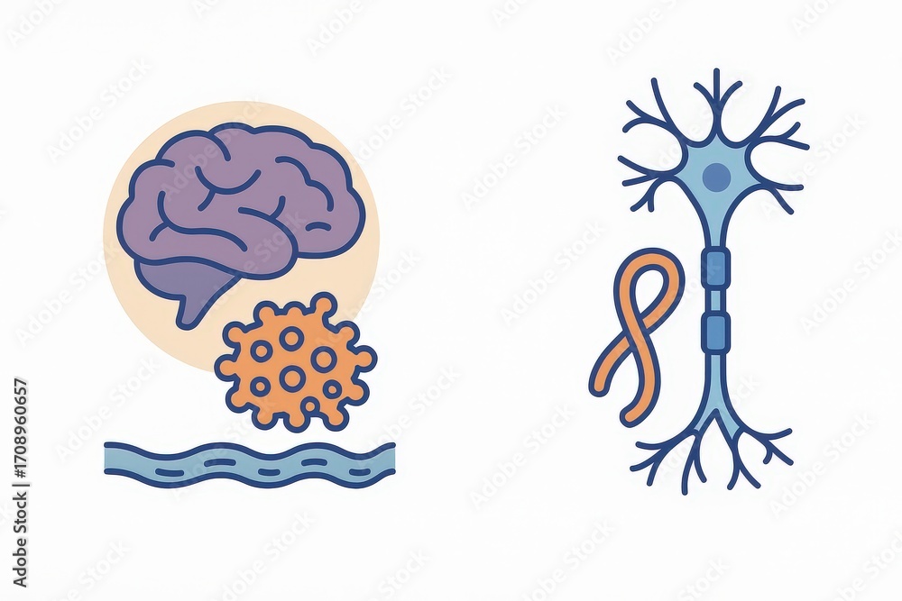 Aufkleber representation of neural connections and the impact of infections on brain functionality showcasing 