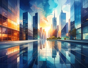 Colorful city at sunset reflected in water