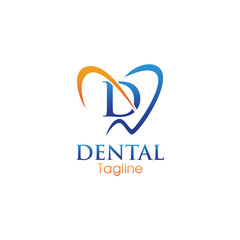 Modern dental logo featuring a stylized letter “D” inside a heart-shaped tooth outline, combining blue and orange for a professional and friendly appeal.