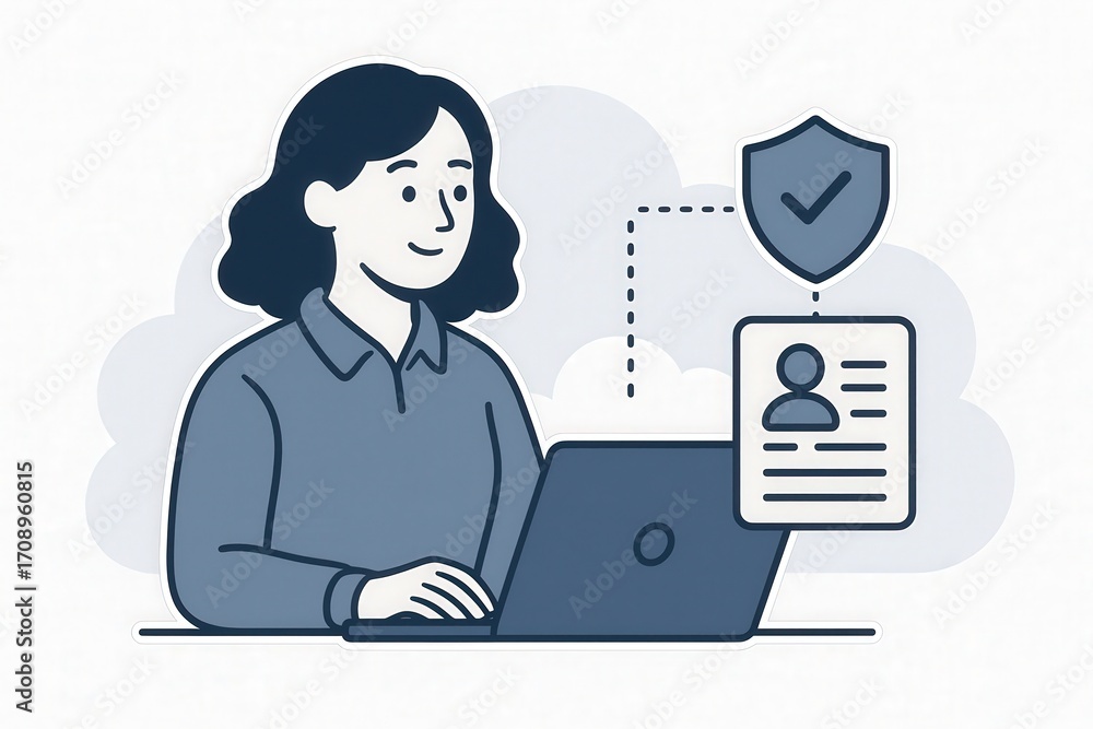 Poster engaging woman confidently interacting with digital identity management concepts while using modern 