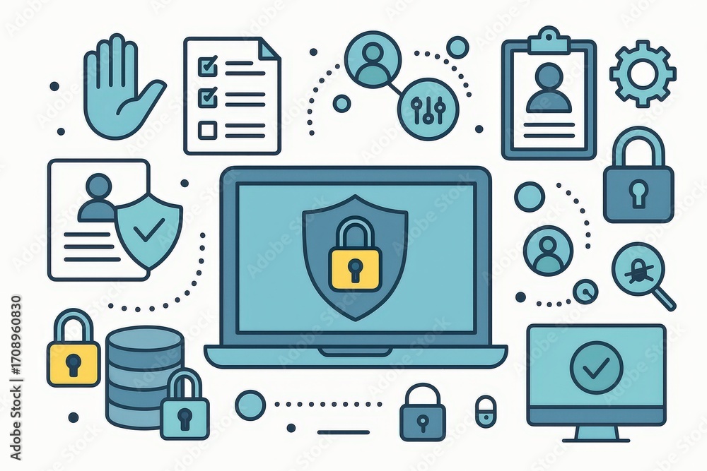 Poster ensuring cybersecurity through data protection techniques featuring digital privacy icons representi