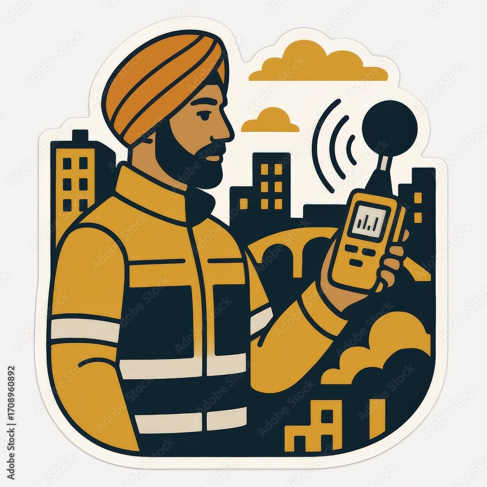 Poster urban sound engineer expertly measuring noise levels with advanced equipment against a backdrop of a