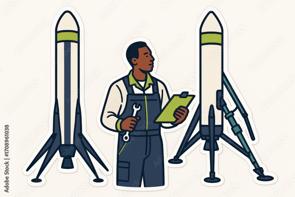 Aufkleber technician inspecting aerospace rockets with precision tools in a modern workshop setting showcasing