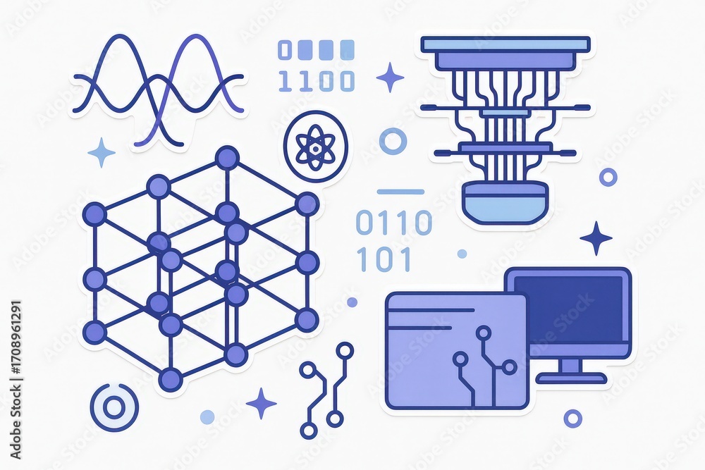Poster the interplay of technology and mathematics showcasing quantum computing concepts through intriguing
