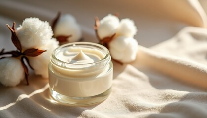Moisturizing cream in glass jar with cotton flowers on soft fabric  