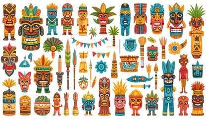 Colorful collection of tribal masks and artifacts