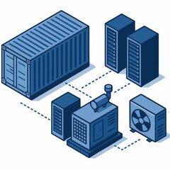 Industrial scene showcasing interconnected technology infrastructure with shipping containers, power generators, and cooling systems emphasizing efficiency and modernity in logistics management