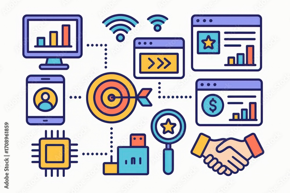 Poster illustrative representation of digital marketing concepts integrating analytics tools alongside grap