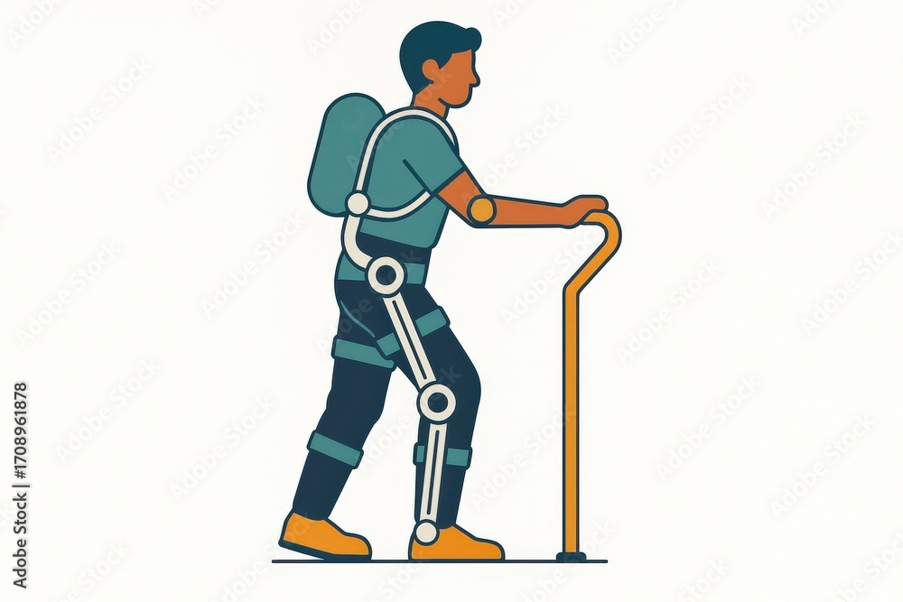 Poster individual using advanced robotic exoskeleton for mobility assistance while walking with a cane in a