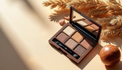 Makeup eyeshadow palette with neutral tones and mirror on beige background  