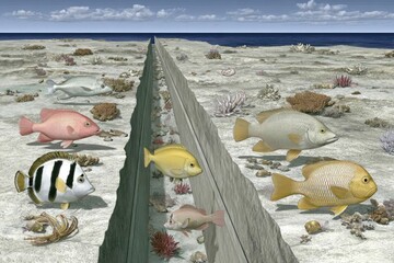 Coral reef divided by a trench.  Fish swim around the trench