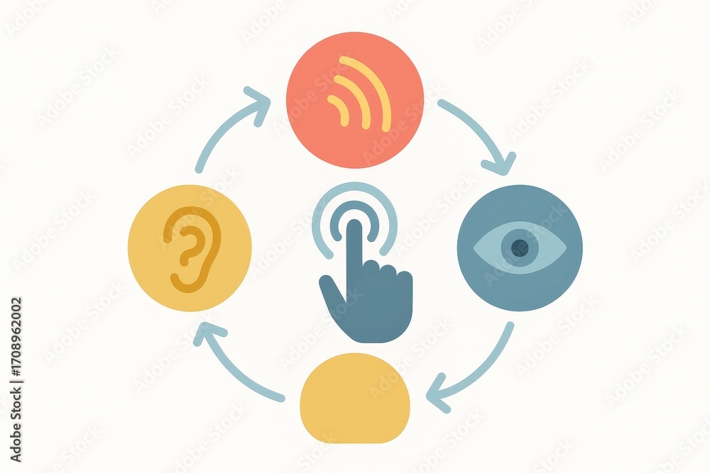 Poster visualizing interconnected senses through an engaging conceptual illustration showcasing hearing tou