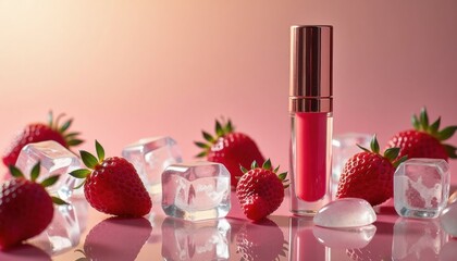 Lip gloss bottle surrounded by strawberries and ice cubes on pink background  