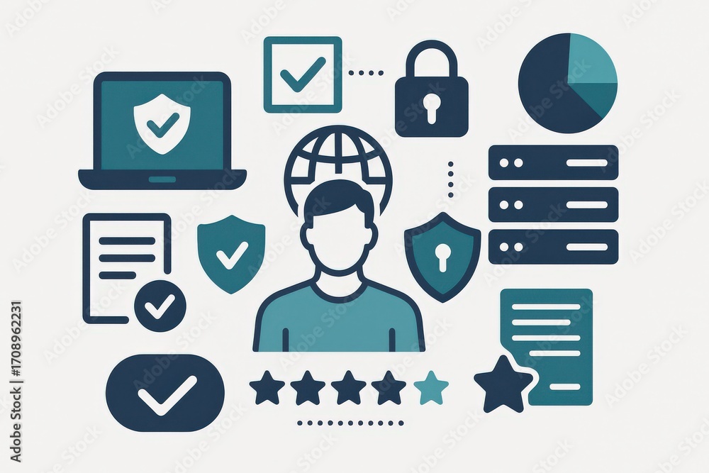 Poster comprehensive visual representation of digital identity protection highlighting cybersecurity elemen