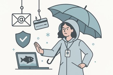 Empowering Cybersecurity Awareness Through Proactive Defense Strategies That Protect Digital Identities From Threats Illustrated by a Determined Professional Holding an Umbrella