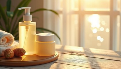 Organic skincare products on wooden table with sunlight background  