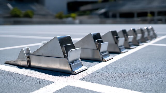 Row of starting blocks on a running track at an outdoor stadium