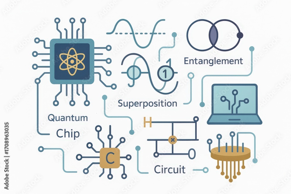 Poster comprehensive visualization of quantum computing concepts featuring a quantum chip, entanglement dyn