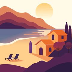 Sunset beach houses — vector illustration of seaside landscape with mountains and ocean