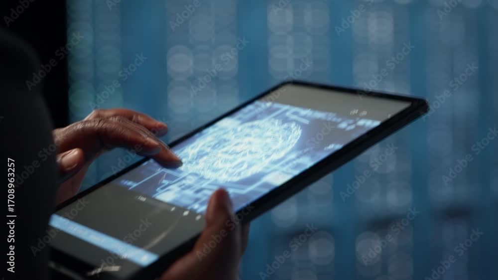 Aufkleber data center technician using machine learning on tablet to optimize operations. it specialist using 