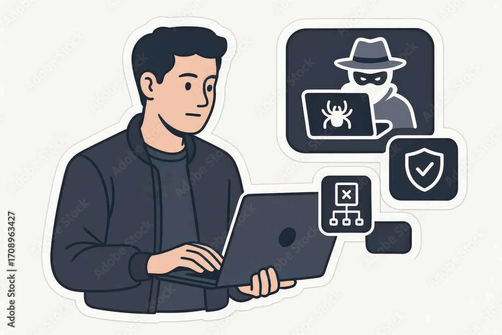 Poster a young man diligently analyzing data on a laptop while navigating through cybersecurity threats and