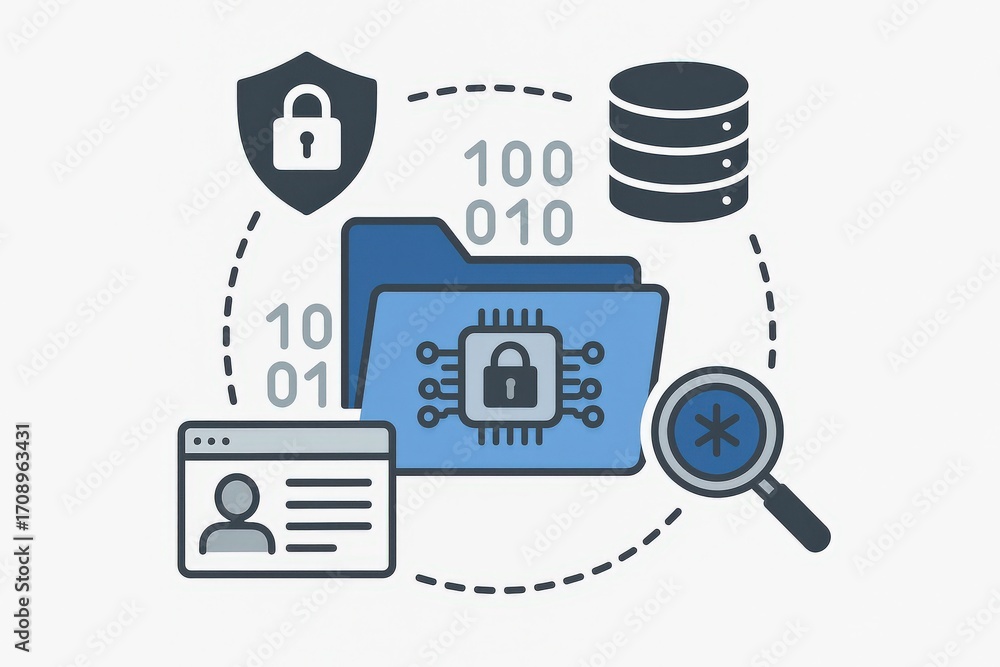 Poster secure data management showcasing digital protection technologies including encryption protocols and