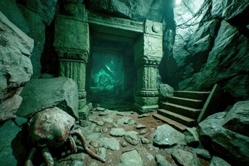 Dark, mossy cavern entrance with ancient ruins