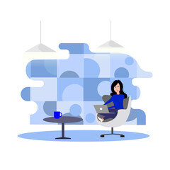 Woman working on laptop in modern office interior — vector illustration of workplace
