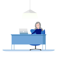 Businesswoman working at desk with laptop — vector illustration of office workplace