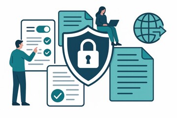Comprehensive visual representation of cybersecurity dynamics showcasing padlock shield concepts paired with user engagement and data management underlined by technological dimensions