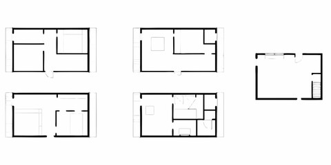 Collection of simple hand drawn floor plan sketches of small apartments and houses