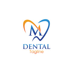 Modern dental logo featuring a stylized letter &ldquo;M&rdquo; inside a heart-shaped tooth outline, combining blue and orange for a professional and friendly appeal.