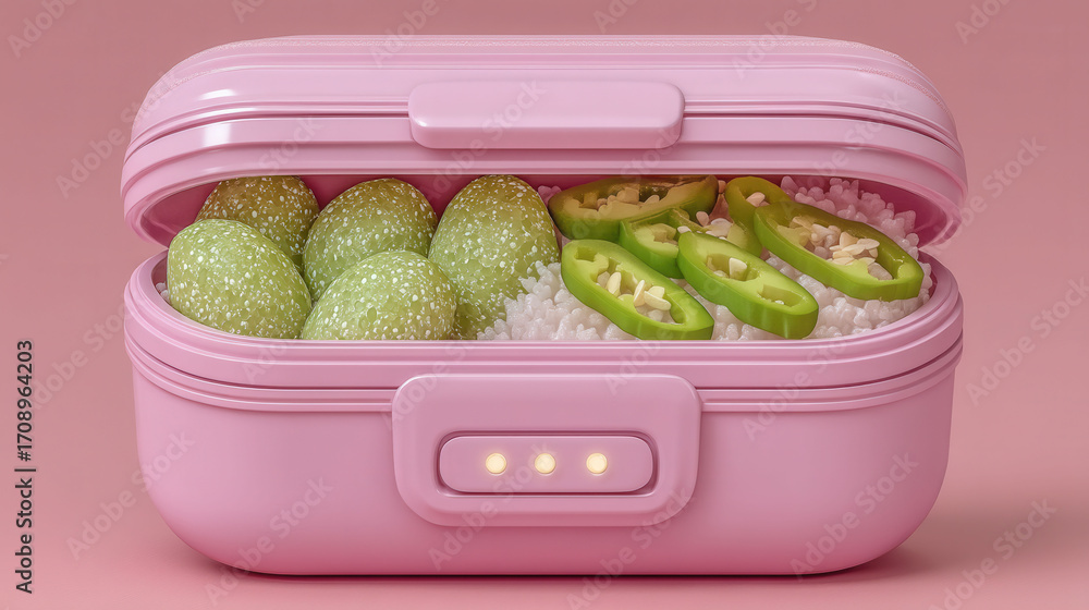 Aufkleber a pink container with a lid and a light on it. inside the container there are green and red peppers 