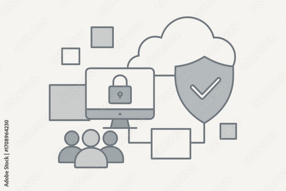 Poster symbols of digital security featuring cloud computing safeguards protecting user data through visual