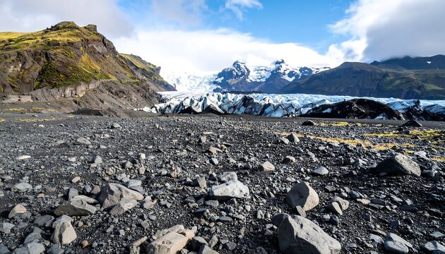 Dark, rocky foreground leads to a glacier and mountains under a partly cloudy sky