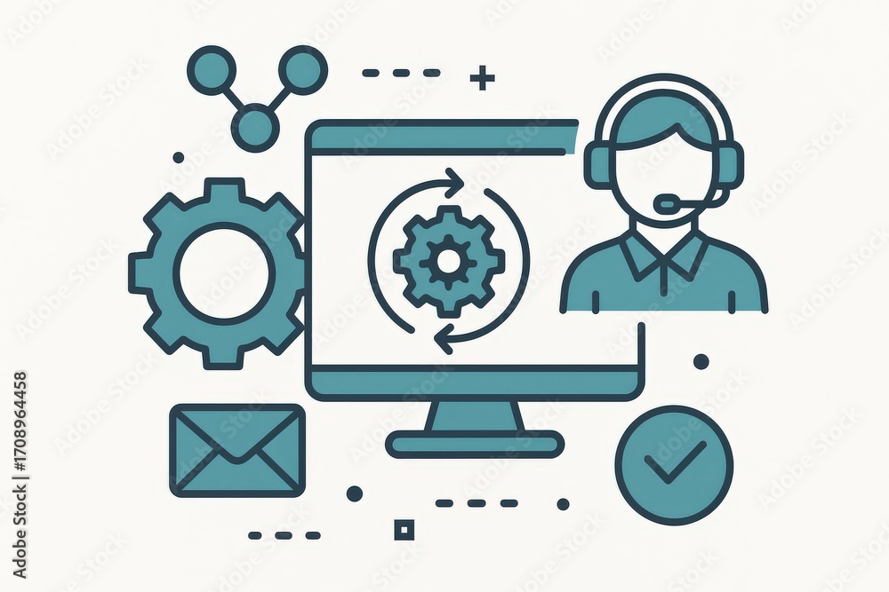 Poster visual communication of technical support with gears and computer depicting problem-solving strategi