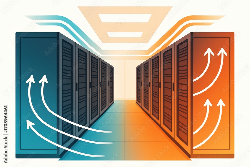 Poster modern data center design showcasing contrasting color temperatures and airflow dynamics highlightin