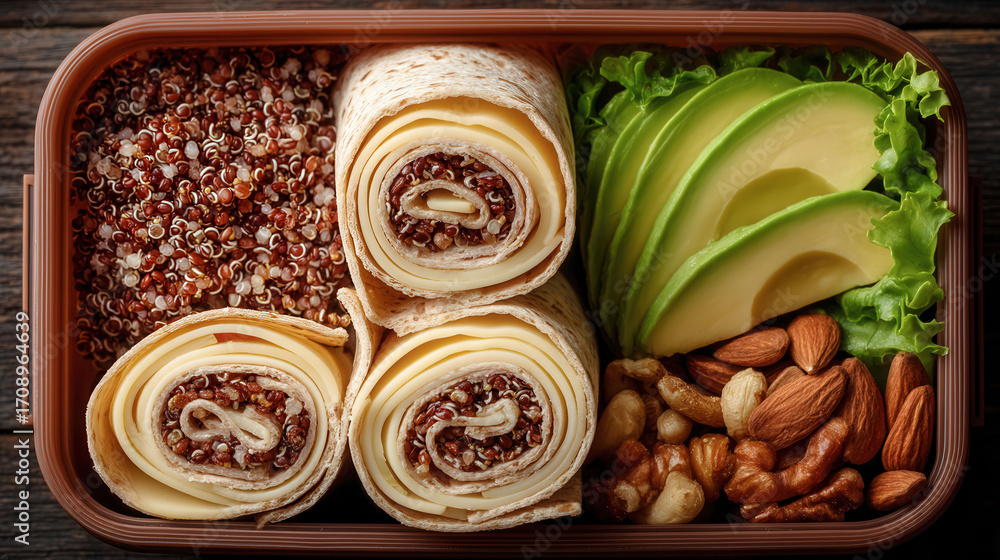 Poster a container of food with a wrap, nuts, and avocado. the wrap is in the middle of the container and t