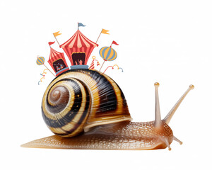 Snail carrying a circus tent isolated on white background