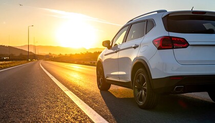 White SUV on highway at sunset