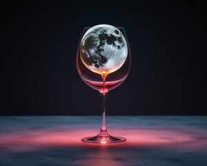 Full moon inside a wine glass with red light on a dark background