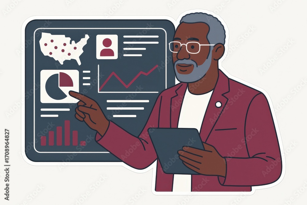 Poster professional male analyst engaging in data presentation showcasing graphical insights on statistics 