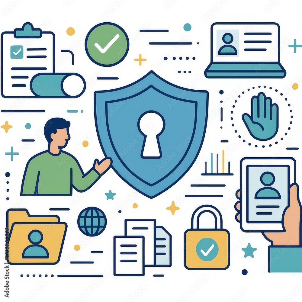 Poster engaging digital security illustration demonstrating concepts of cybersecurity identity protection u