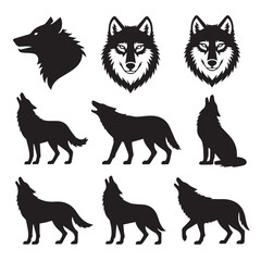 high resolution vector pack of nine wolf silhouettes ai eps jpeg png perfect for editorial wildlife branding logo icons