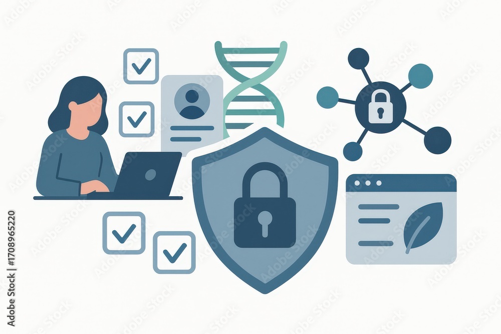 Poster digital security representation showcasing a woman engaging with technology highlighting data privac