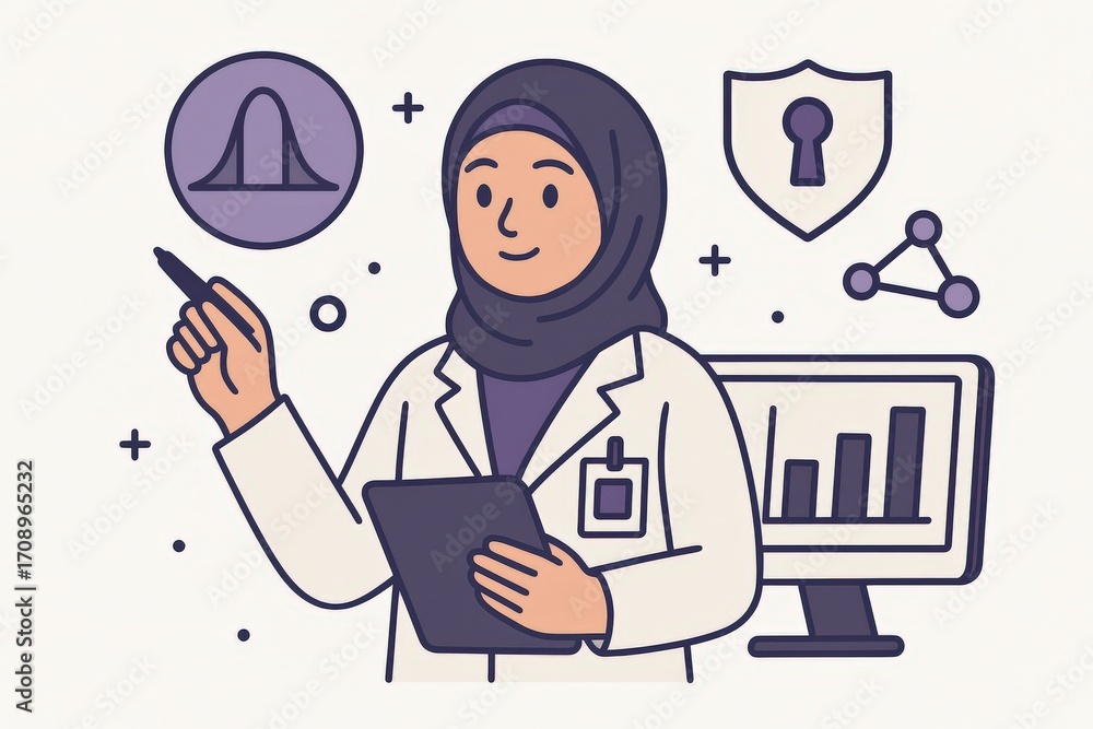Aufkleber empowered female scientist in a white lab coat confidently presenting analytical data and cybersecur
