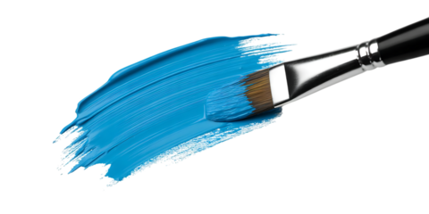 Paintbrush Applying Bright Blue Paint Stroke cyan isolated on a transparent background