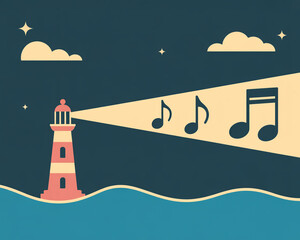 Lighthouse beam shines on music notes in the night sky illustration