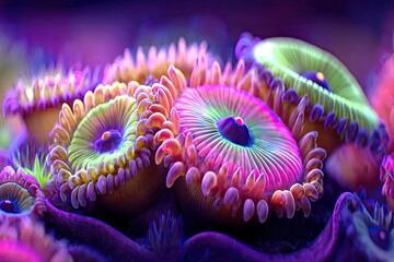 Close-up of vibrant coral clusters in a vibrant underwater scene