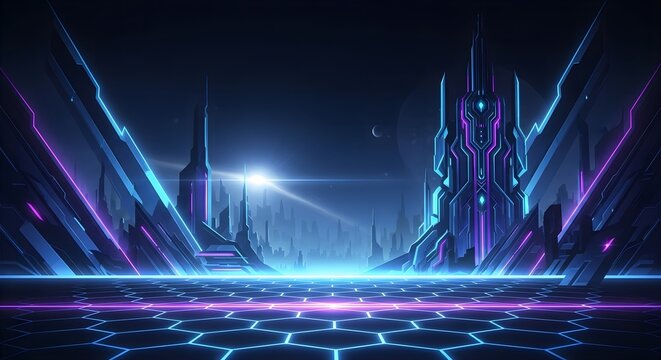 Futuristic digital landscape of a virtual reality metropolis with glowing neon architecture and a hexagonal grid floor - Powered by Adobe